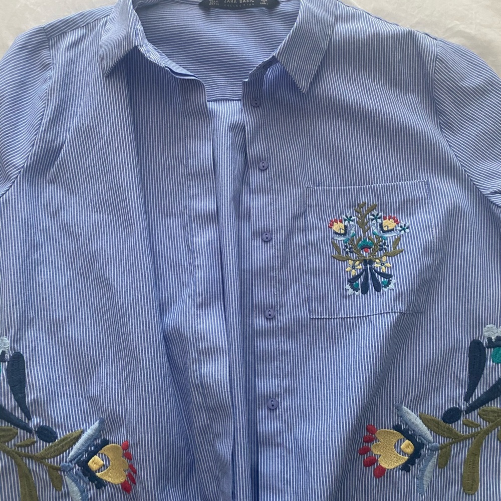 Striped short sleeve zara top with embroidery